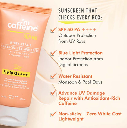 Hydra Repair Kombucha Tea Sunscreen SPF 50 PA++++ with Ceramides | Lightweight & No White Cast - 50 ml